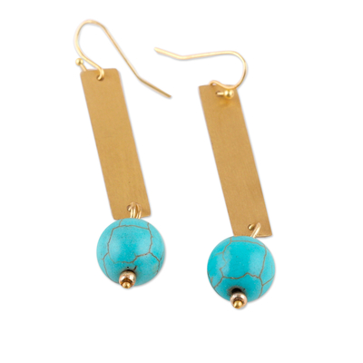 Modern Brass Dangle Earrings with Calcite Beads from India