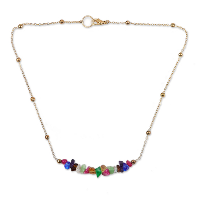 Colorful Brass and Quartz Beaded Pendant Necklace from India