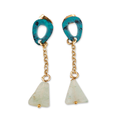Agate Beaded Dangle Earrings with Brass Patina Accent
