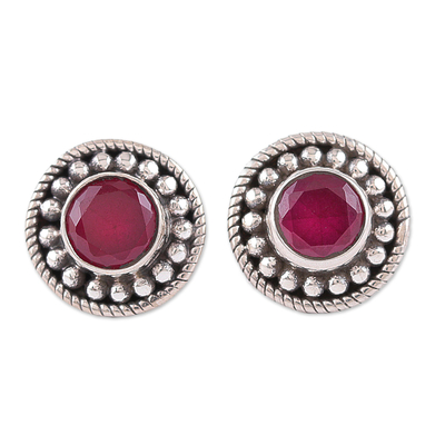 Pink Onyx and Silver Button Earrings with Combination Finish