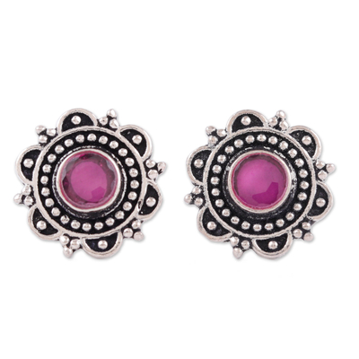 Pink Onyx & 925 Silver Button Earrings with Floral Motif