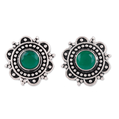 Green Onyx & 925 Silver Button Earrings with Floral Motif
