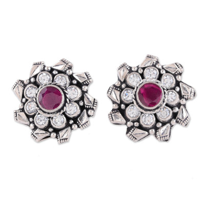 925 Silver Button Earrings with Pink Onyx & Cubic Zirconia