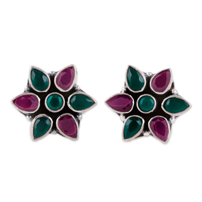 Pink and Green Onyx Sterling Silver Floral Button Earrings