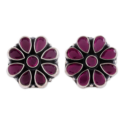 Sterling Silver Floral Button Earrings with Pink Onyx Stones