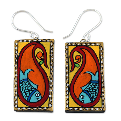Painted Paisley Ceramic Dangle Earrings with Fish Motifs