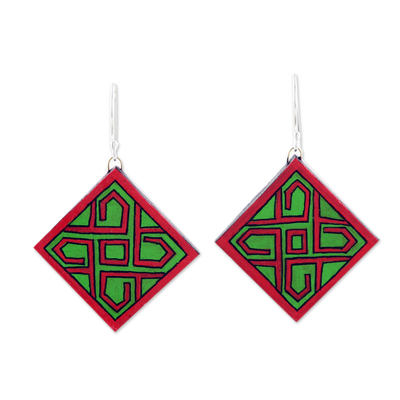 Hand-Painted Geometric Green and Red Ceramic Dangle Earrings