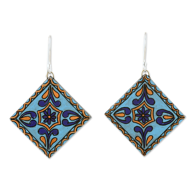 Hand-Painted Geometric Floral Blue Ceramic Dangle Earrings