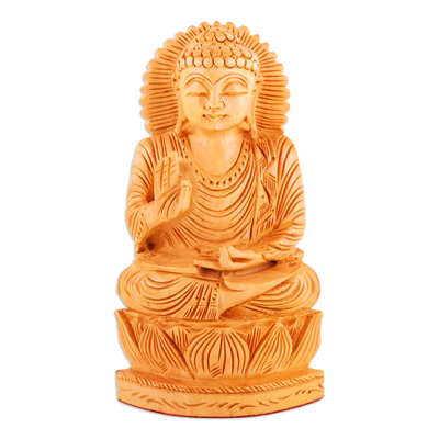Hand-Carved Kadam Wood Sculpture of Master Buddha