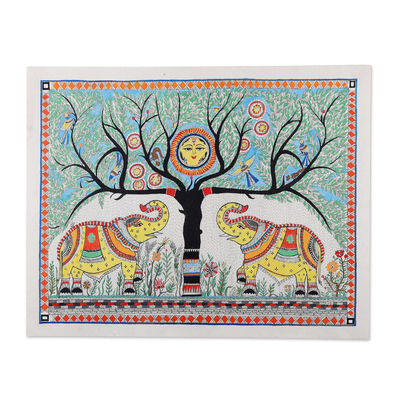Poster color & Watercolor Madhubani Art of Elephant and Tree