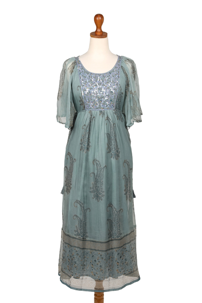 Embellished Block-Printed Mint Viscose Chiffon Dress