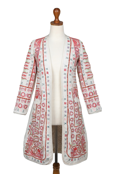 Cotton Kimono Jacket with Red Embroidery