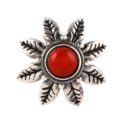 Floral Sterling Silver Single Stone Ring with Carnelian Gem