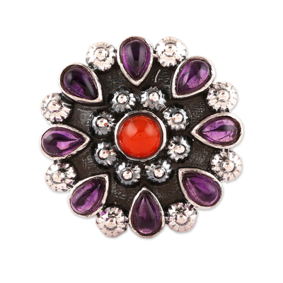 Polished Cocktail Ring with Amethyst and Carnelian Gems