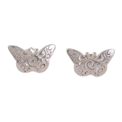 Butterfly-Shaped Sterling Silver Button Earrings from India