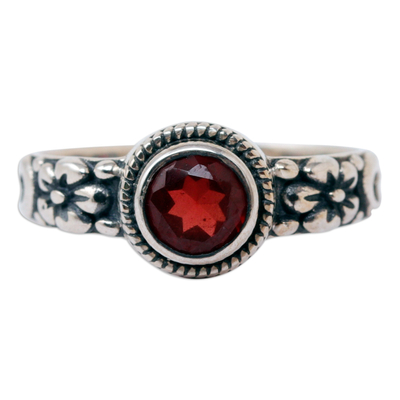 Floral and Leafy Sterling Silver Garnet Single Stone Ring