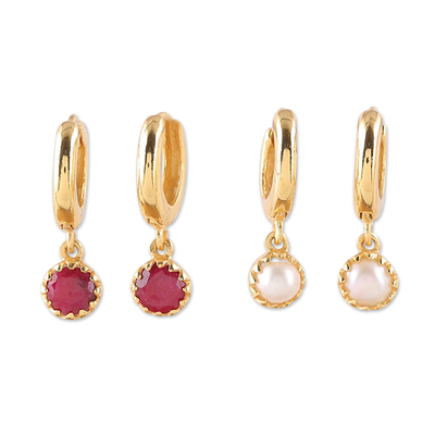 Set of 2 Gold-Plated Dangle Earrings with Ruby or Pearls