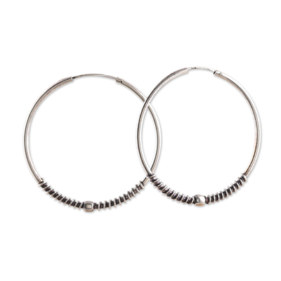 Sterling Silver Hoop Earrings with Beaded and Spiral Details