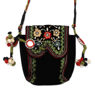 Floral Embroidered Sling in a Black Hue with Mirror Accents