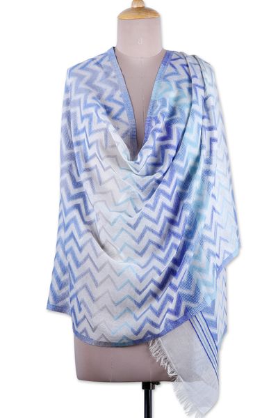 Chevron-Patterned Handwoven Iris and Periwinkle Cotton Shawl