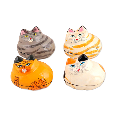 4 Lacquered Hand-Painted Papier Mache Cat Decorative Boxes