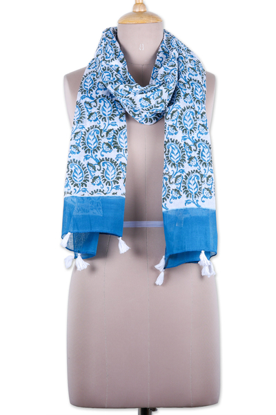 Block-Printed Cotton Scarf with Azure Paisley Pattern