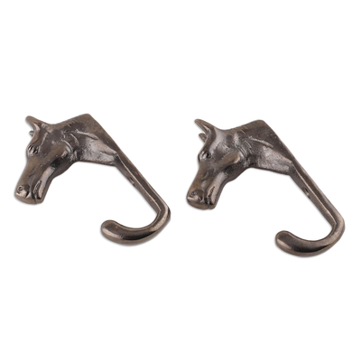 Antiqued Finished Horse-Shaped Brass Wall Hooks from India