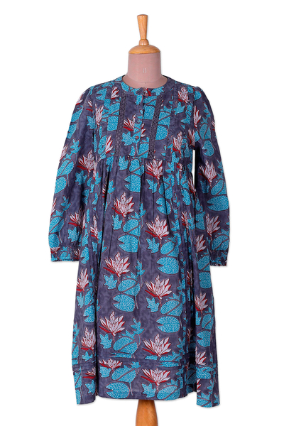 Floral Printed Blue-Toned Knee-Length Cotton Shift Dress