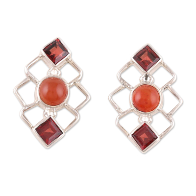 Geometric Garnet and Carnelian Button Earrings from India