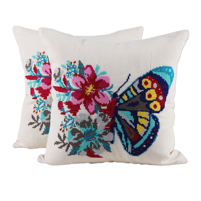 Embroidered Beige Butterfly Cotton Cushion Covers (Pair)