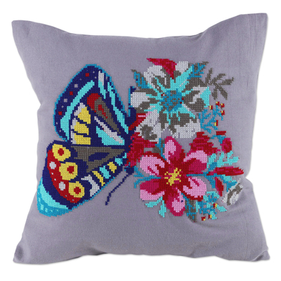Embroidered Grey Butterfly Cotton Cushion Covers (Pair)