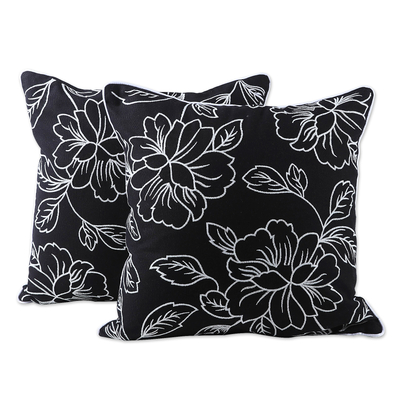 Floral Black and White Cotton Cushion Covers (Pair)