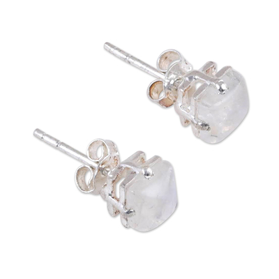 Shiny Sterling Silver Stud Earrings with Rainbow Moonstones