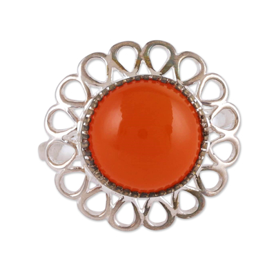 Natural Carnelian and Sterling Silver Floral Cocktail Ring