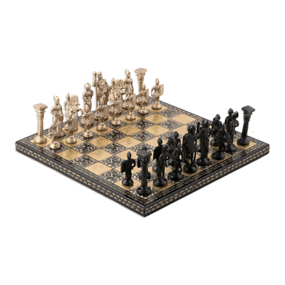 Rome-Themed Brass and Iron Chess Set with Wooden Box