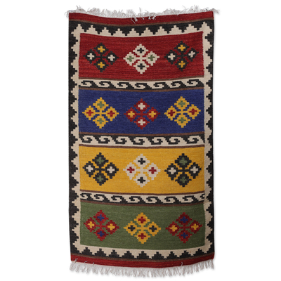 Handloomed Geometric Colorful Wool Area Rug from India (3x5)