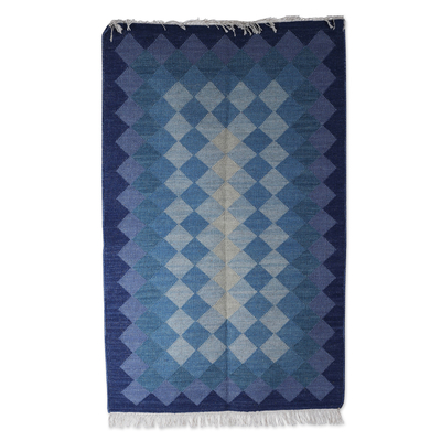 Modern Geometric-Patterned Blue Wool Area Rug (3x5)