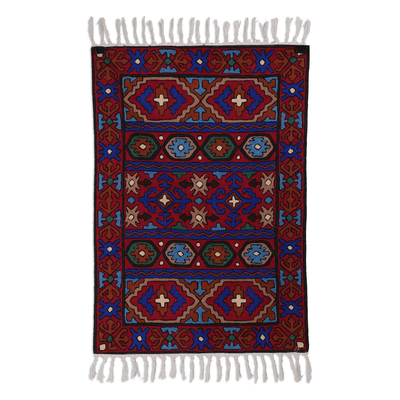 Traditional Chain-Stitched Red and Blue Wool Area Rug (2x3)