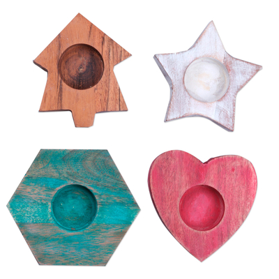 Set of 4 Wood Tealight Candle Holders with Distressed Finish