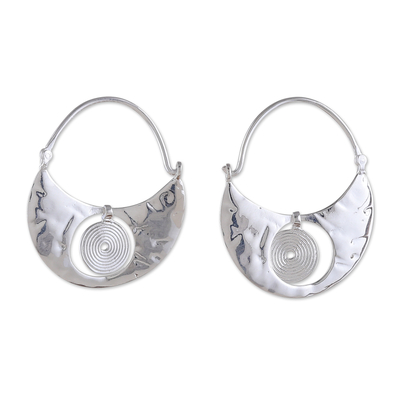 925 Silver Crescent Moon Hoop Earrings with Spiral Accents