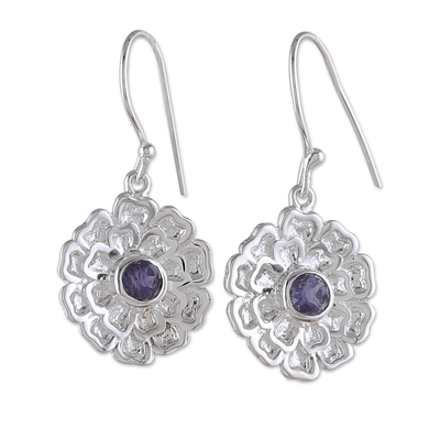 Sterling Silver Floral Dangle Earrings with Iolite Stone