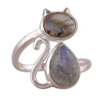 Cat-Themed Sterling Silver Labradorite Cocktail Ring