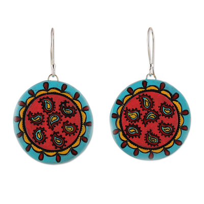 Paisley-Themed Hand-Painted Red Ceramic Dangle Earrings