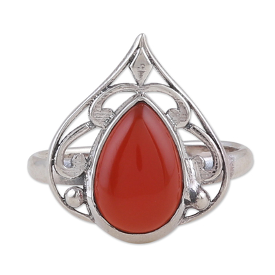 Leaf-Themed Sterling Silver and Orange Onyx Cocktail Ring