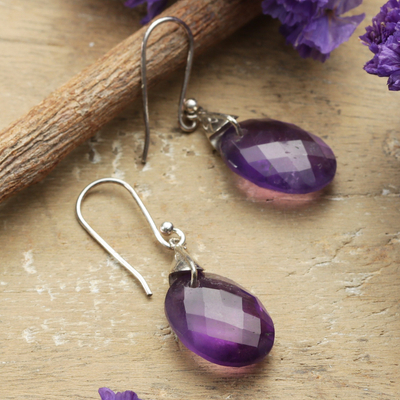 High-Polished Sterling Silver and Amethyst Dangle Earrings