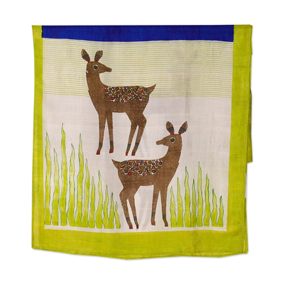 Hand-Painted Bordered Silk Scarf with Deer Motif from India