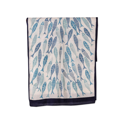 Hand-Painted Bordered Silk Scarf with Fish Motif from India