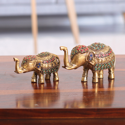 Set of 2 Golden-Toned Brass Elephant Sculptures with Beads