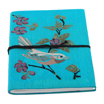 Bird-Themed Turquoise Rayon-Embroidered Journal from India