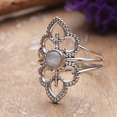 Polished Floral Natural Rainbow Moonstone Cocktail Ring